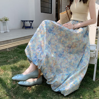 Elastic Skirt A-Line Floral Midi Waist