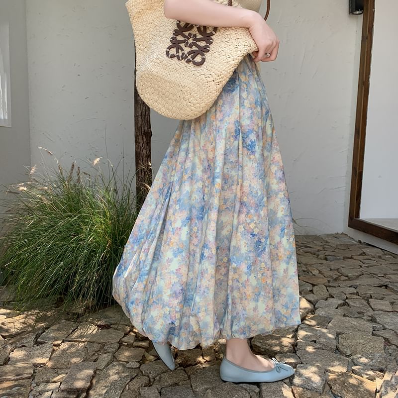 Elastic Skirt A-Line Floral Midi Waist