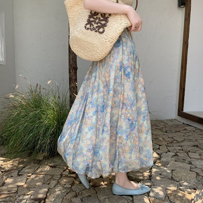 Elastic Skirt A-Line Floral Midi Waist