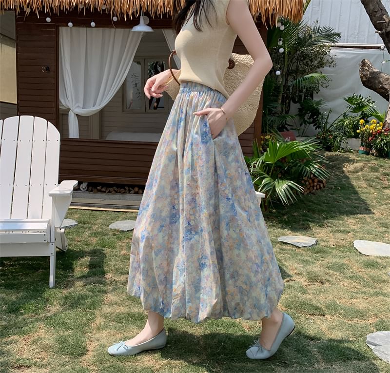 Elastic Skirt A-Line Floral Midi Waist