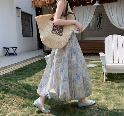 Elastic Skirt A-Line Floral Midi Waist