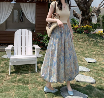 Elastic Skirt A-Line Floral Midi Waist