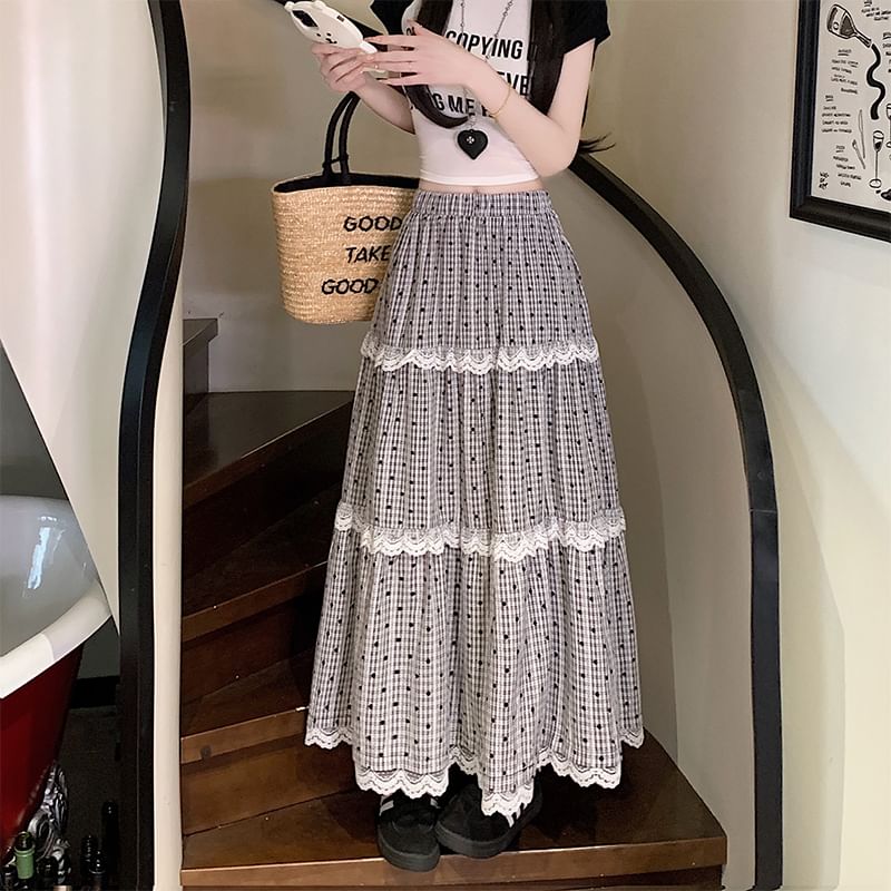 Trim Tiered Lace A-Line Dotted Maxi Skirt Waist Elastic Plaid