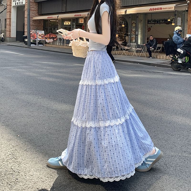 Trim Tiered Lace A-Line Dotted Maxi Skirt Waist Elastic Plaid