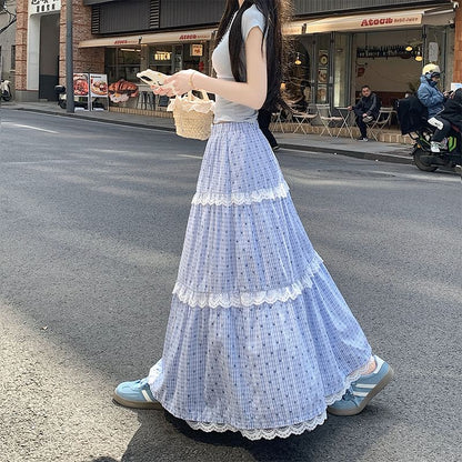 Trim Tiered Lace A-Line Dotted Maxi Skirt Waist Elastic Plaid