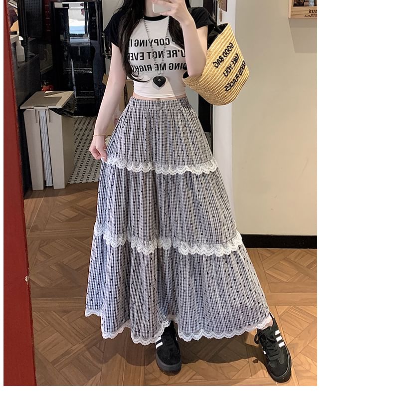 Trim Tiered Lace A-Line Dotted Maxi Skirt Waist Elastic Plaid