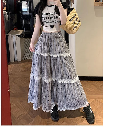 Trim Tiered Lace A-Line Dotted Maxi Skirt Waist Elastic Plaid