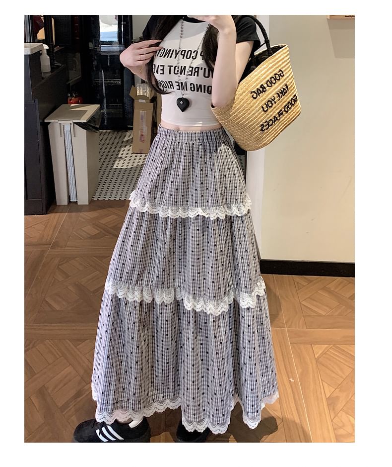 Trim Tiered Lace A-Line Dotted Maxi Skirt Waist Elastic Plaid