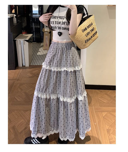 Trim Tiered Lace A-Line Dotted Maxi Skirt Waist Elastic Plaid