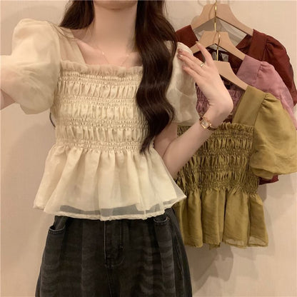 Plain Ruched Square Neck Peplum Short-Sleeve Blouse