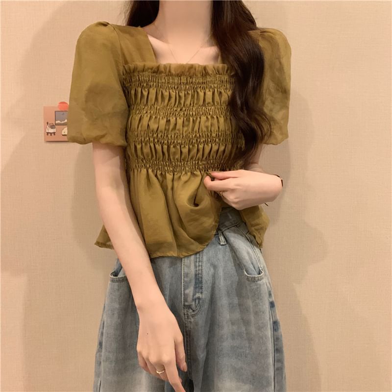 Plain Ruched Square Neck Peplum Short-Sleeve Blouse