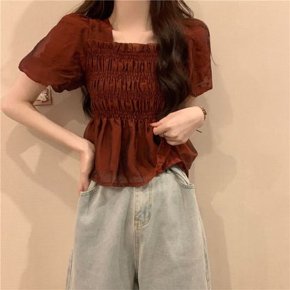 Plain Ruched Square Neck Peplum Short-Sleeve Blouse