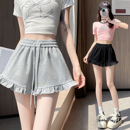 Drawstring Trim Waist Ruffle Sweat Shorts