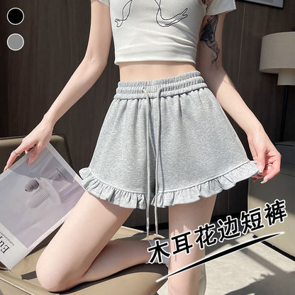 Drawstring Trim Waist Ruffle Sweat Shorts