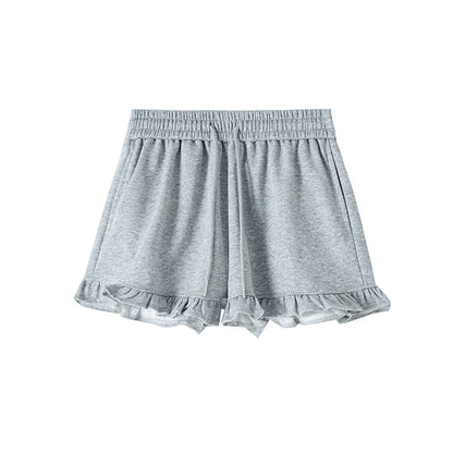 Drawstring Trim Waist Ruffle Sweat Shorts