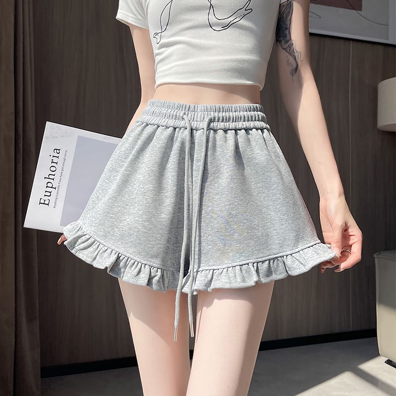 Drawstring Trim Waist Ruffle Sweat Shorts