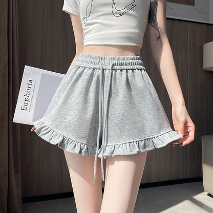 Drawstring Trim Waist Ruffle Sweat Shorts