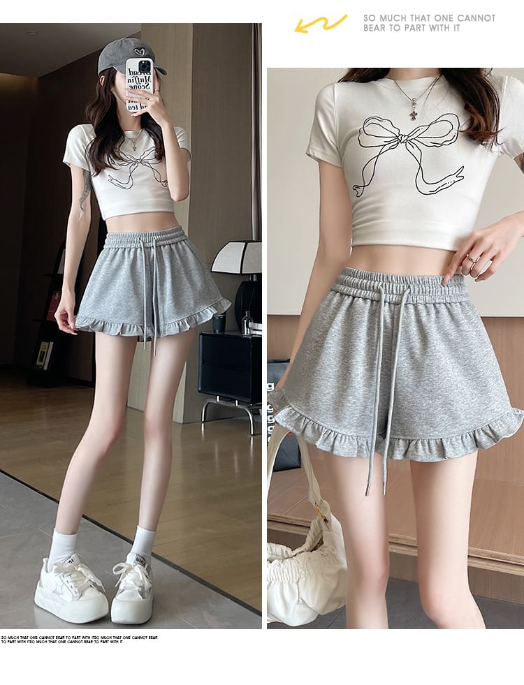 Drawstring Trim Waist Ruffle Sweat Shorts