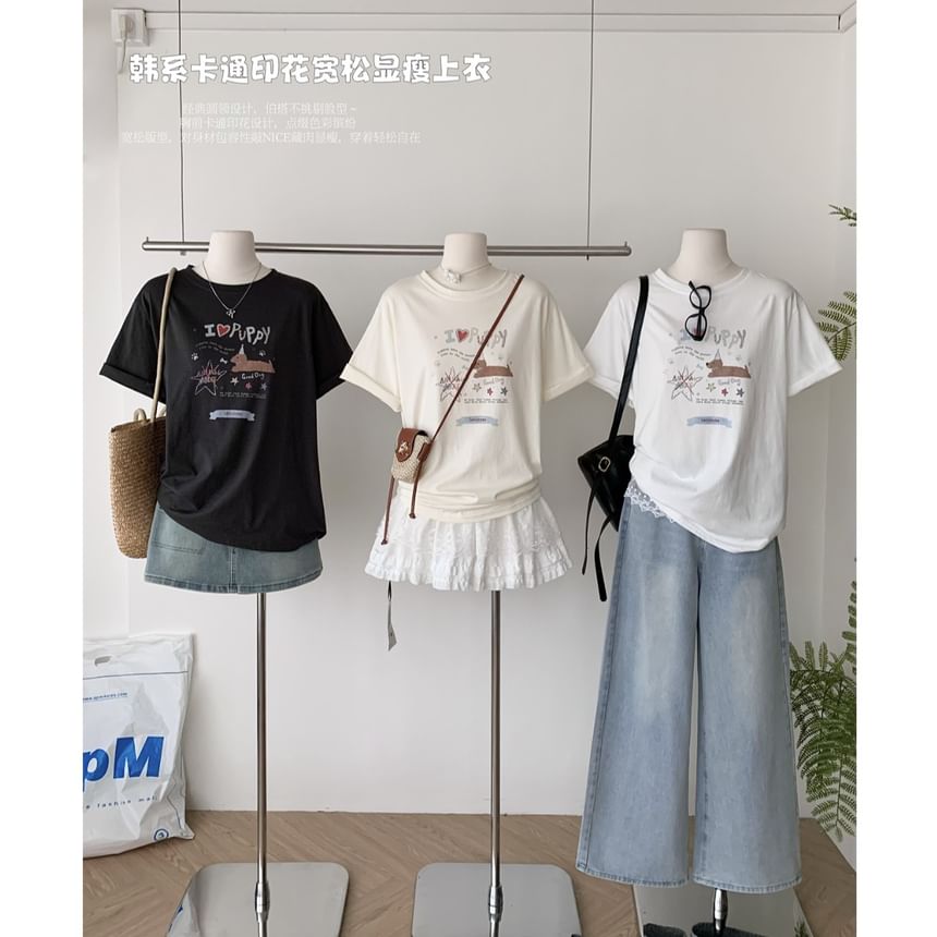 Neck Cartoon Print Short-Sleeve Crew Tee