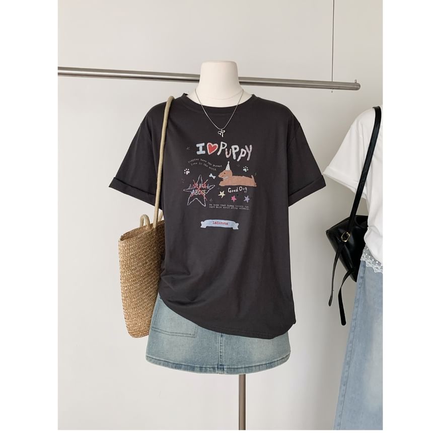 Neck Cartoon Print Short-Sleeve Crew Tee