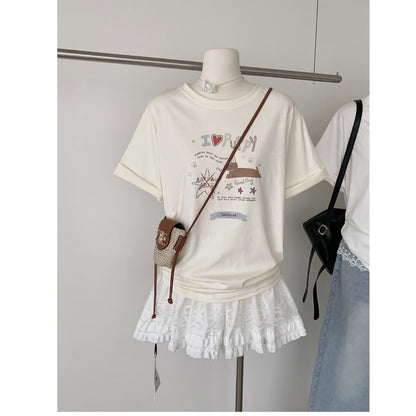 Neck Cartoon Print Short-Sleeve Crew Tee