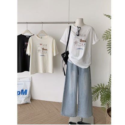 Neck Cartoon Print Short-Sleeve Crew Tee