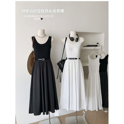 Sleeveless Neck Dress Midi Scoop Plain A-Line