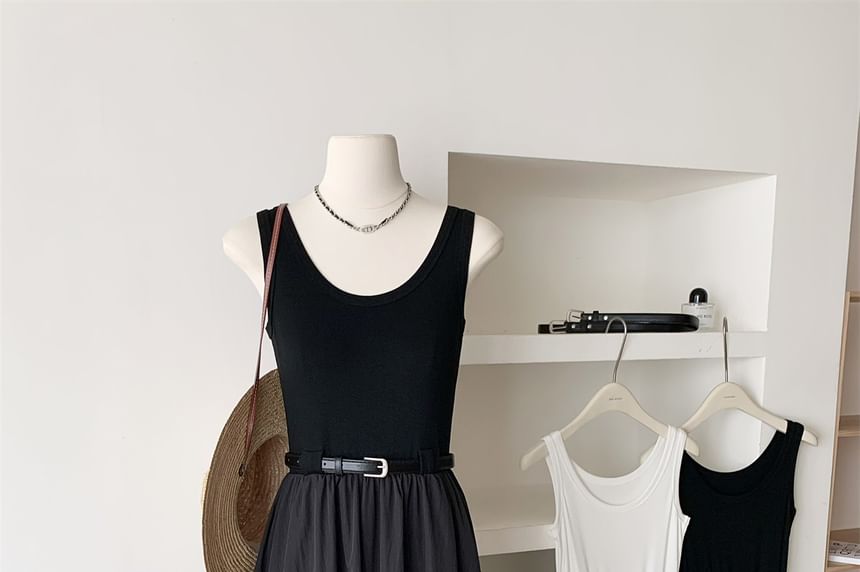 Sleeveless Neck Dress Midi Scoop Plain A-Line