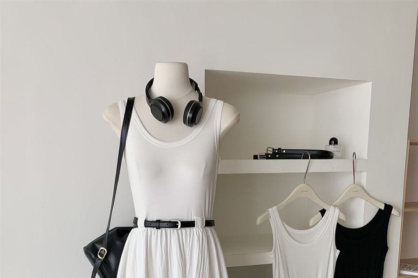 Sleeveless Neck Dress Midi Scoop Plain A-Line