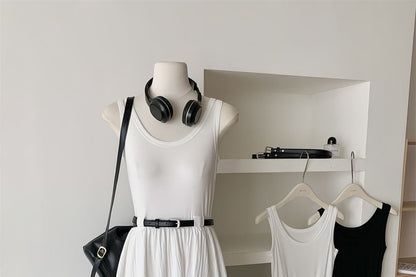 Sleeveless Neck Dress Midi Scoop Plain A-Line