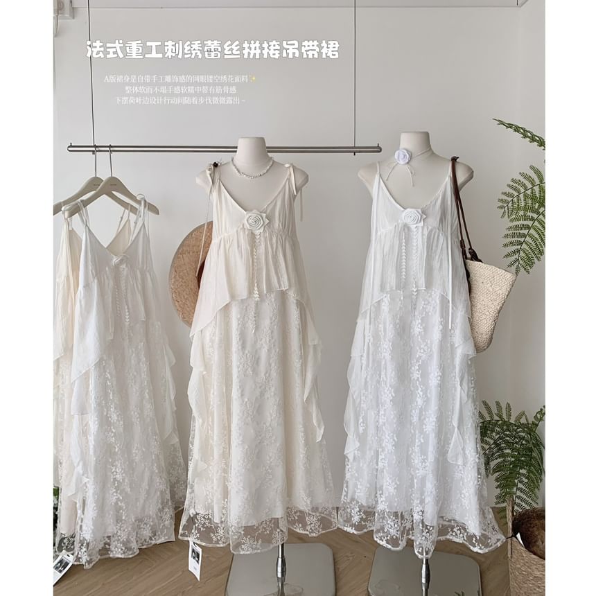 Dress Strap Spaghetti A-Line Lace Maxi V-Neck