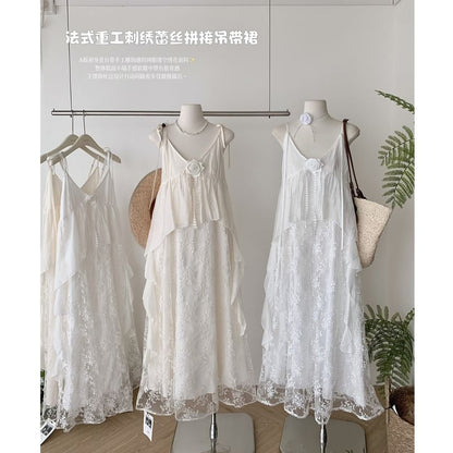 Dress Strap Spaghetti A-Line Lace Maxi V-Neck