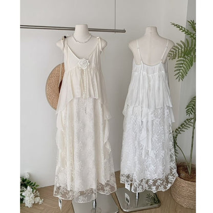 Dress Strap Spaghetti A-Line Lace Maxi V-Neck