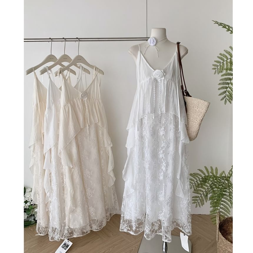 Dress Strap Spaghetti A-Line Lace Maxi V-Neck