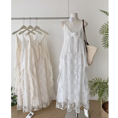 Dress Strap Spaghetti A-Line Lace Maxi V-Neck