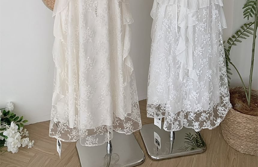 Dress Strap Spaghetti A-Line Lace Maxi V-Neck