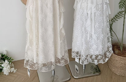 Dress Strap Spaghetti A-Line Lace Maxi V-Neck