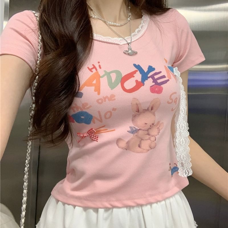 Print Crop Short-Sleeve Tee Crewneck Rabbit