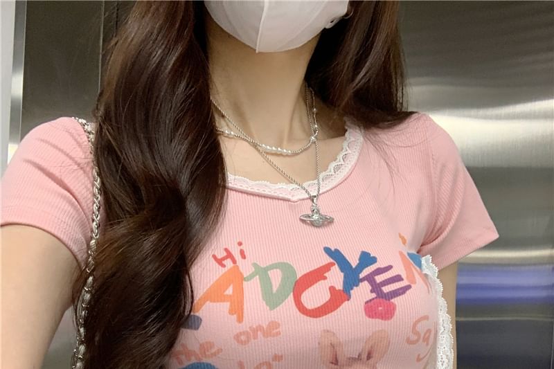 Print Crop Short-Sleeve Tee Crewneck Rabbit