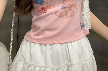 Print Crop Short-Sleeve Tee Crewneck Rabbit