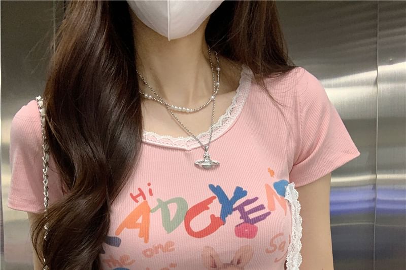 Print Crop Short-Sleeve Tee Crewneck Rabbit