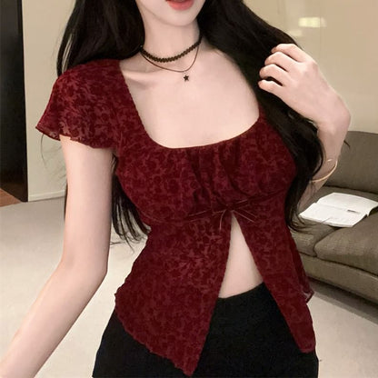 Lace Hem Neck Slit Short-Sleeve Top Square