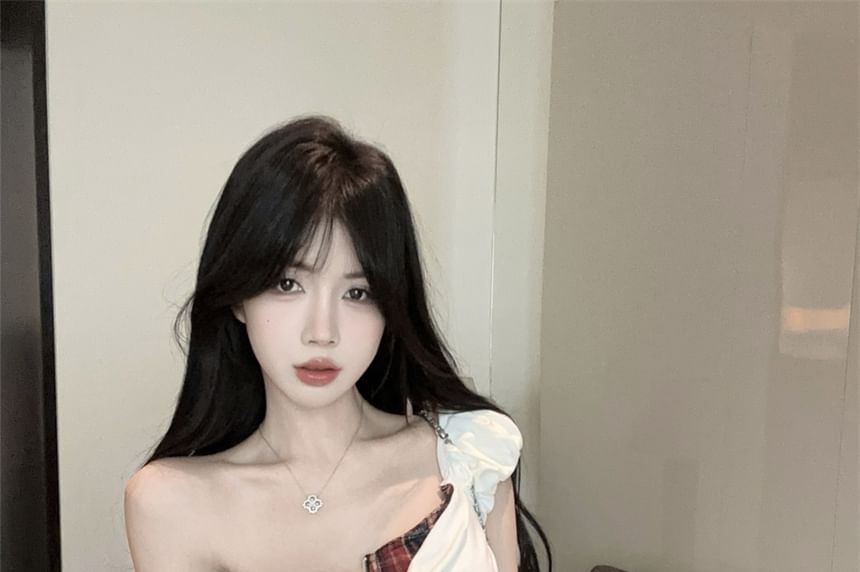 Mock Plaid Top Crop Trim Two-Piece Cap-Sleeve