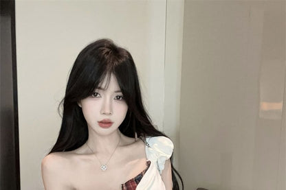 Mock Plaid Top Crop Trim Two-Piece Cap-Sleeve