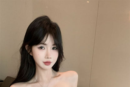 Mock Plaid Top Crop Trim Two-Piece Cap-Sleeve