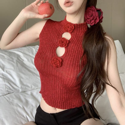 Sleeveless Top Knit Floral Mock Neck Crop Accent