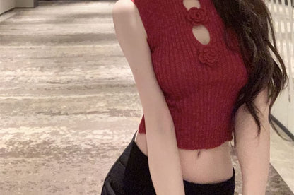 Sleeveless Top Knit Floral Mock Neck Crop Accent