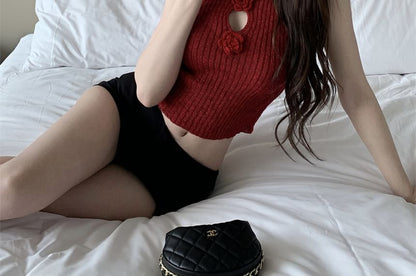 Sleeveless Top Knit Floral Mock Neck Crop Accent