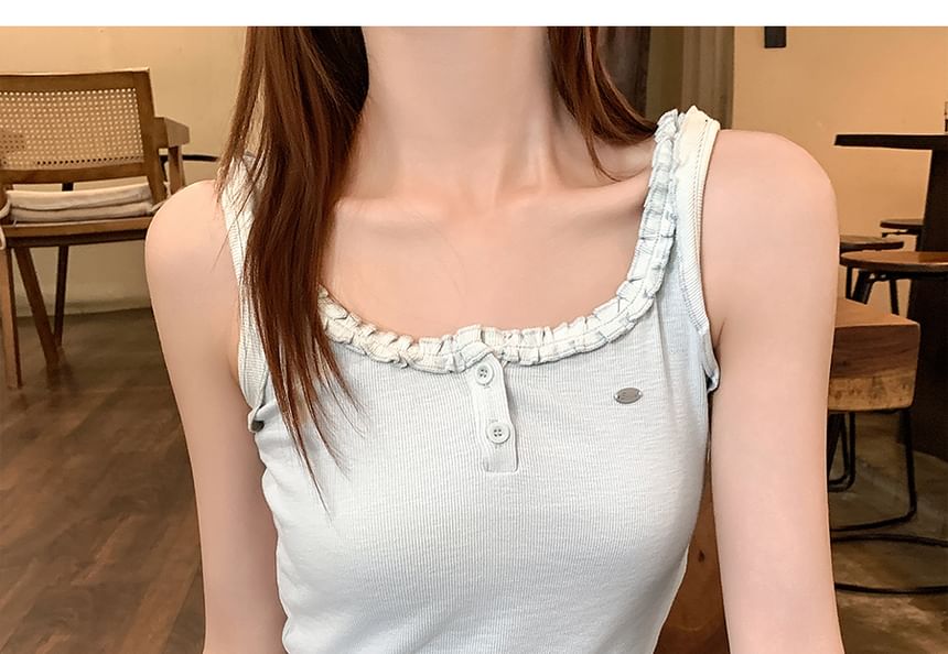 Tank Frill Plain Trim Crewneck Top