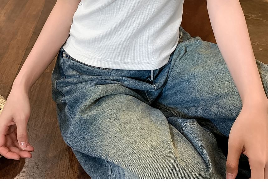 Tank Frill Plain Trim Crewneck Top